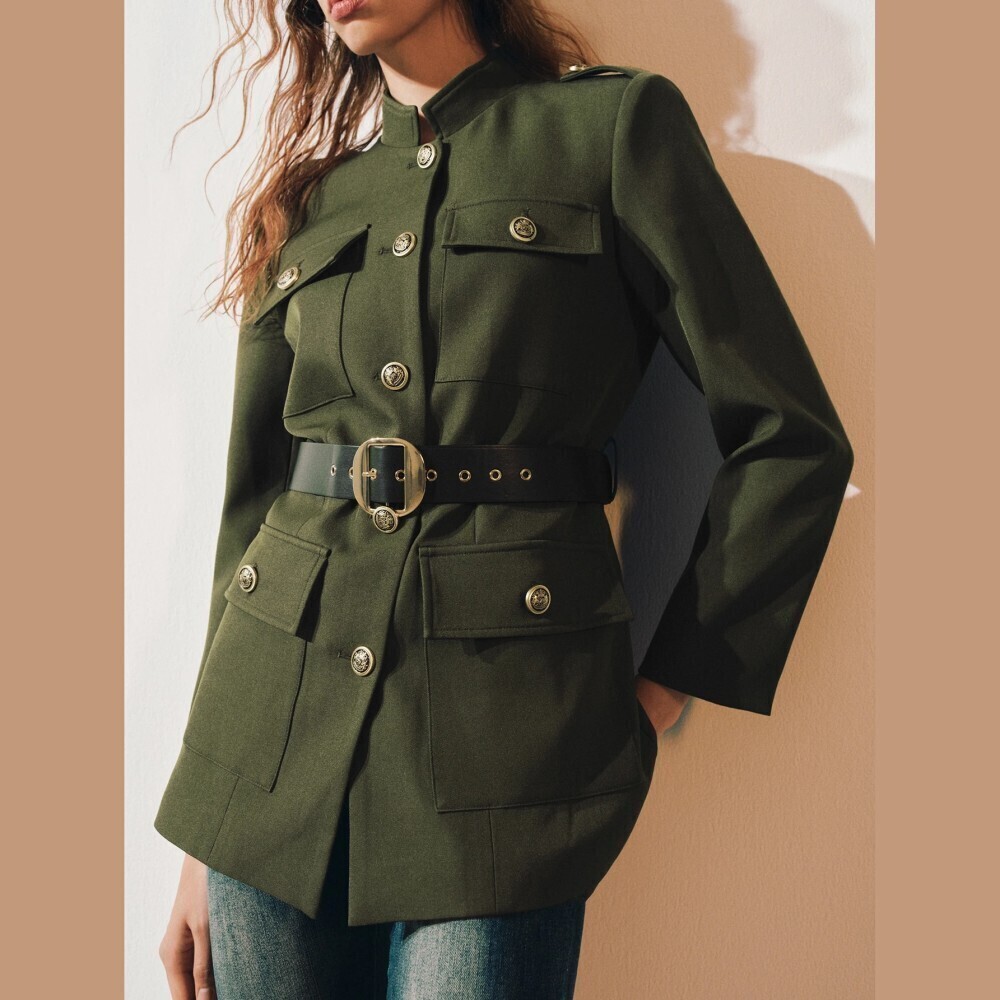 Olive Green Military Style Gold Button Stand Collar Field Jacket